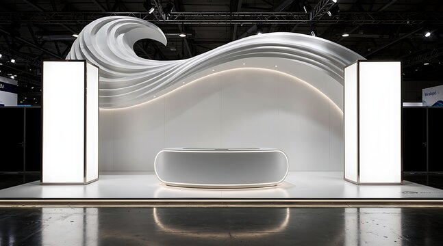 Modern Exhibition Booth Design with Futuristic Wave Structure and Digital Displays.