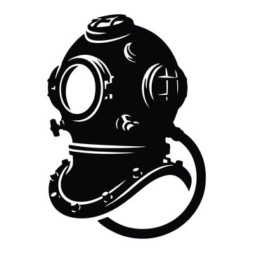 Vintage diving helmet with circular portholes is a black silhouette diver