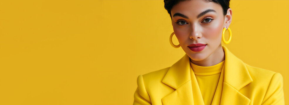Fashion portrait of a young woman in a yellow suit. Female model with red lipstick and yellow hoop earrings on yellow backdrop