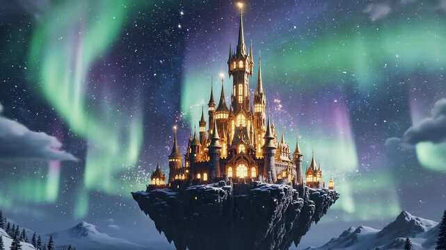Fantasy floating castle under vibrant aurora borealis in winter night sky with snow covered mountains