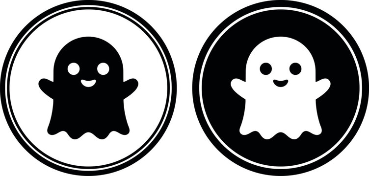 Cute cartoon ghosts in black and white circular frames for halloween design and spooky holiday decoration