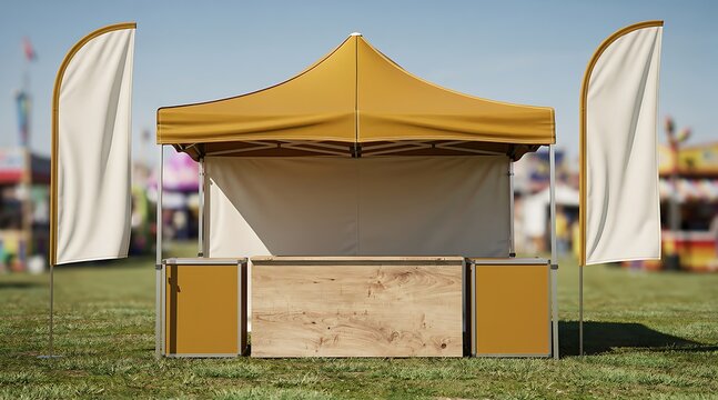 Outdoor Market Stall Tent with Flags on Sunny Day.