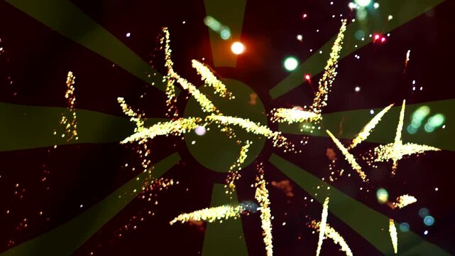Bright colorful fireworks exploding in the night sky over a stylized ray background pattern