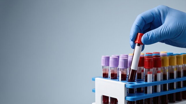 Gloved laboratory hand handling labeled blood sample tubes in a clinical testing rack
