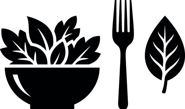 Simple black and white icon design featuring a bowl of salad with a fork and leaf