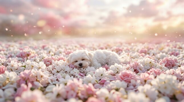Peaceful white puppy resting in flowers, pet loss memorial and rainbow bridge remembrance concept