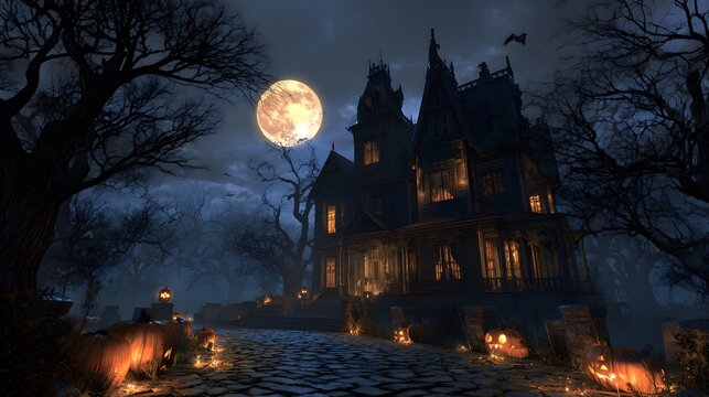 Gothic mansion illuminated by moonlight with carved pumpkins nearby