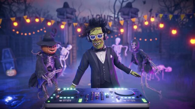 Funny Frankenstein monster DJ playing music and dancing with skeletons and pumpkins at a spooky night cemetery party. Humorous 3D animated Halloween scene for holiday greeting cards, event invitations