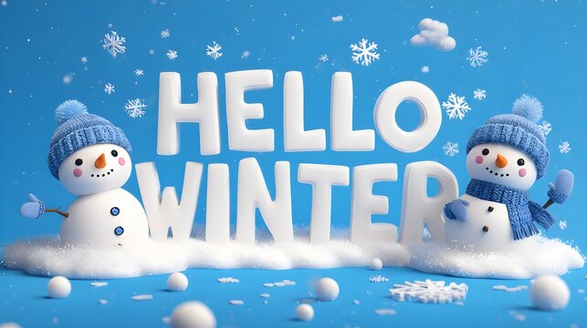 Snowmen with HELLO WINTER text on blue snowy background