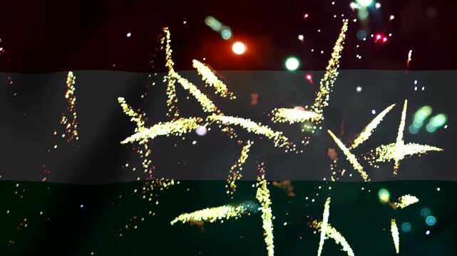 Bright colorful fireworks exploding in the night sky over the national hungarian flag symbol
