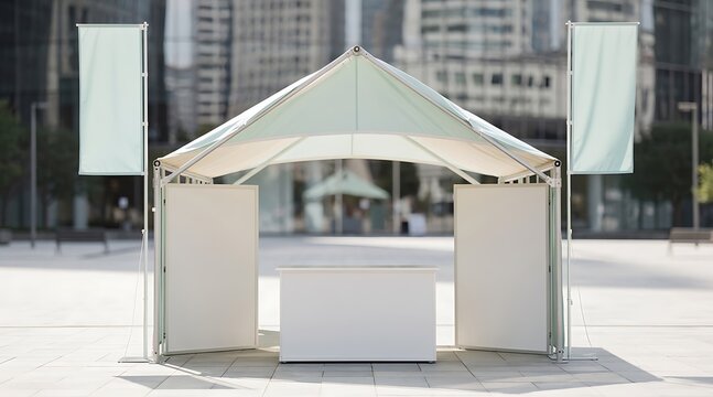 Outdoor promotional tent with blank flags and display table in urban setting.