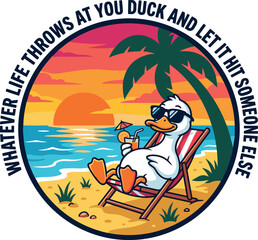 Naklejka premium Funny duck beach vector illustration featuring sunset, palm tree, lounge chair, and humorous quote about life in tropical vacation design style