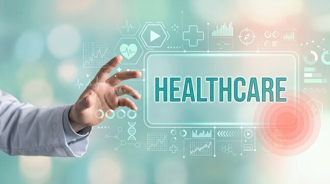 Doctor touching healthcare dashboard with medical data interface