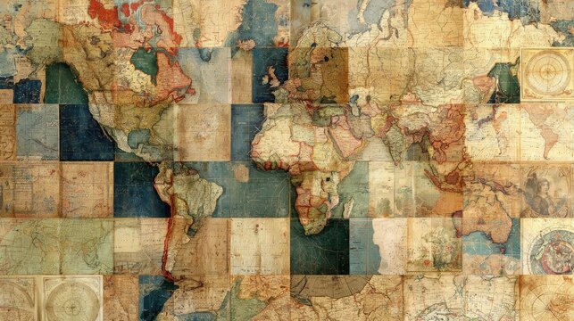 Vintage world map collage composed of old cartography tiles with warm lighting. Perfect background texture for travel and exploration concepts.