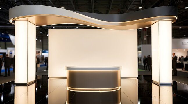 Modern exhibition booth with reception desk and illuminated pillars 1.