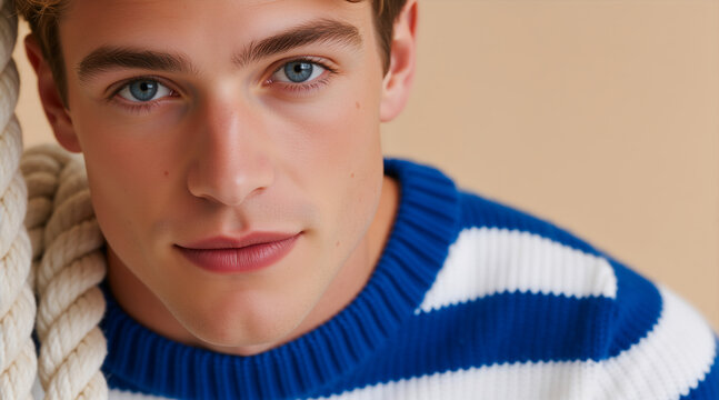 Portrait of a young man in nautical fashion. Male face with blue eyes in striped sweater on beige background. Resort style portrait