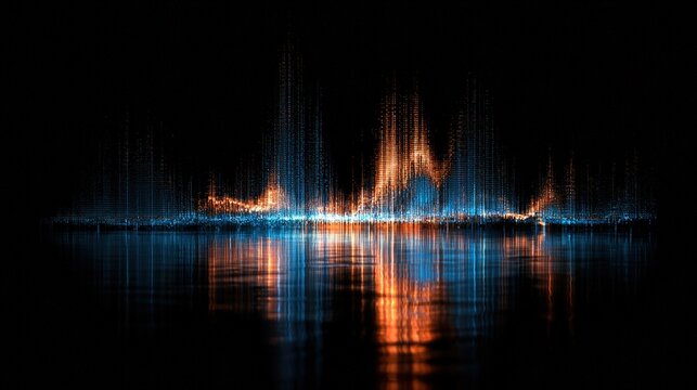 Abstract sound wave visualization glowing in blue and orange with reflection on dark background. Digital music equalizer concept for audio tech presentations.
