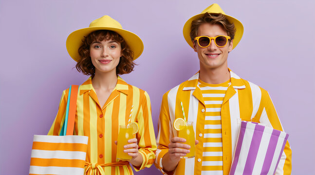 Man and woman in matching yellow striped summer outfits. Resort fashion portrait with orange juice on purple background. Mediterranean holiday concept