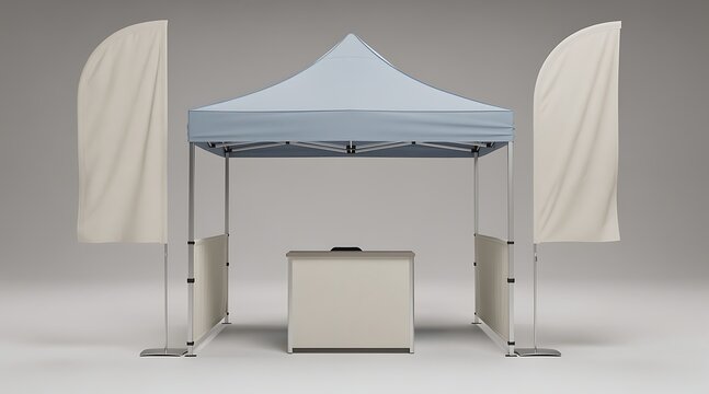 Outdoor event setup with pop up tent and advertising flags.