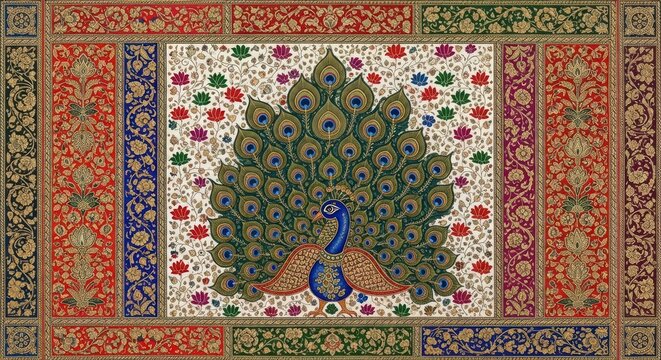 Intricate Indian Miniature Painting of a Majestic Peacock with Ornate Border.