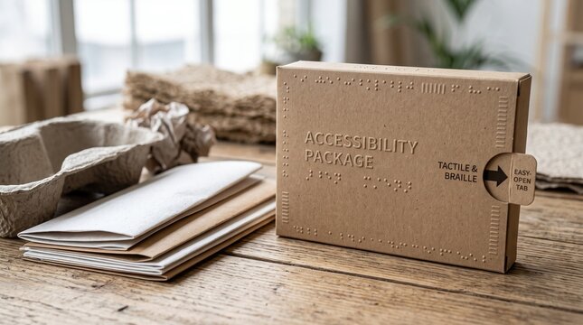 Cardboard box with braille text showcasing accessible packaging solutions for visually impaired individuals on a wooden table