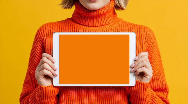 Person holding white tablet with blank orange screen. Female hands showing digital pad display in orange knit sweater on yellow background. Mockup template