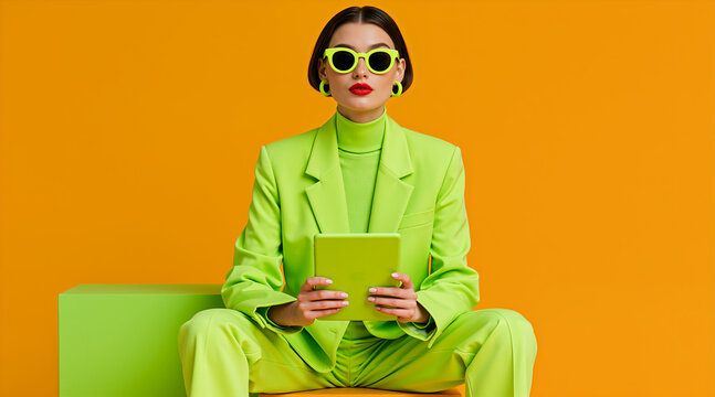 Woman with short bob haircut in green suit holding tablet. Fashion portrait on orange background with text area. Color block style