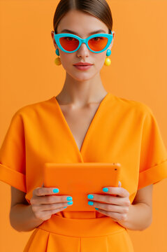 Young caucasian woman holding orange tablet on orange background. Female model in sunglasses showing digital device mockup for advertisement