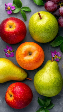 Fruit, pear, apple, grape, flower fresh colorful fruit arrangement with leaf