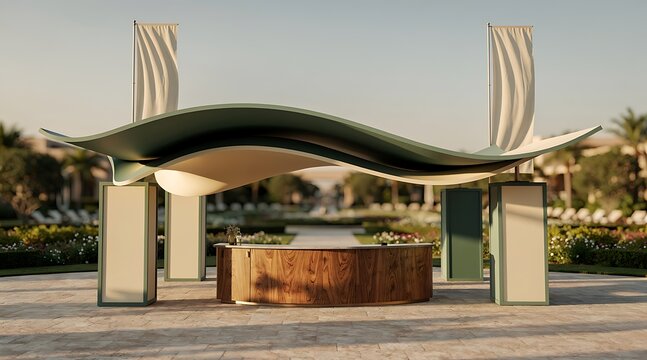 Modern outdoor information kiosk with wavy roof design and digital screens.