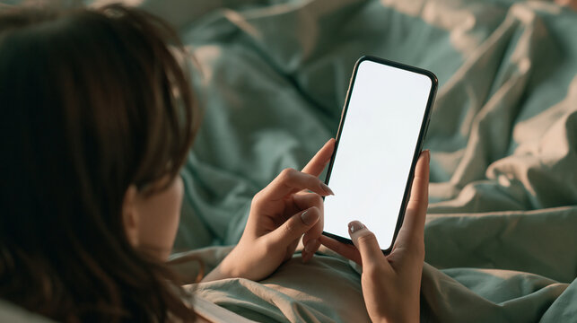 A woman lying in bed checks her phone with a blank white screen. This image is perfect for mobile app UI mockups and digital lifestyle marketing.