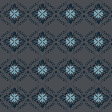 Dark grey and blue floral ornament seamless pattern background, classic damask vector design