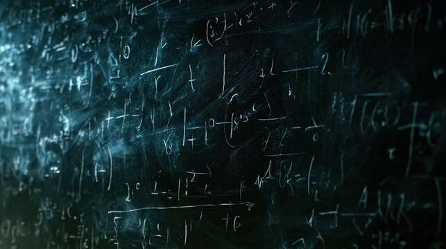 Complex mathematical formulas and equations written in chalk on a dark chalkboard under dramatic lighting. Perfect background for education and science concepts.
