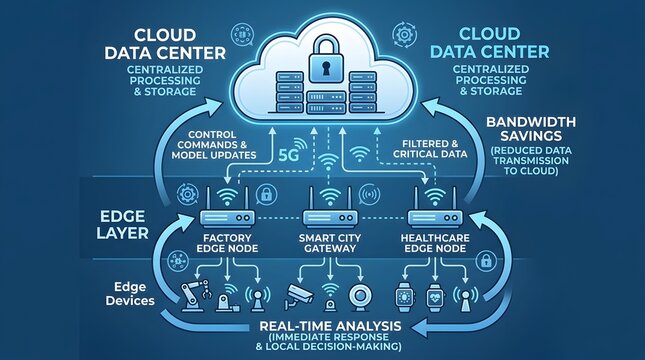 Edge computing architecture infographic diagram showing cloud data center with factory edge node, smart city gateway and healthcare edge node connected to edge devices, IoT network system