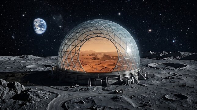 Futuristic lunar base with glass dome facing planet earth