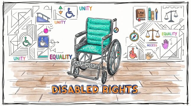 Wheelchair and Symbols of Inclusion: A detailed illustration showcases a wheelchair at the center, surrounded by symbolic icons representing unity, equality, access, and justice.
