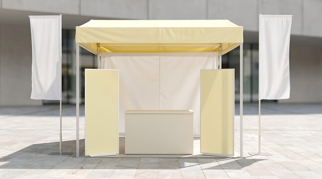 Outdoor promotional booth with blank flags and display panels for branding.