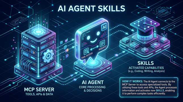 AI Agent Skills Diagram: An illustrative graphic showcasing the core components of an AI agent, including the MCP server, AI agent's processing unit, and activated skills.