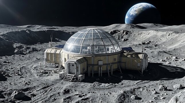Futuristic moon base with glass dome on lunar surface