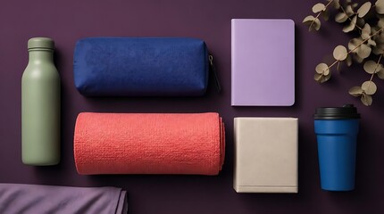 Obraz premium Flat lay of wellness and self care items arranged on a purple background.