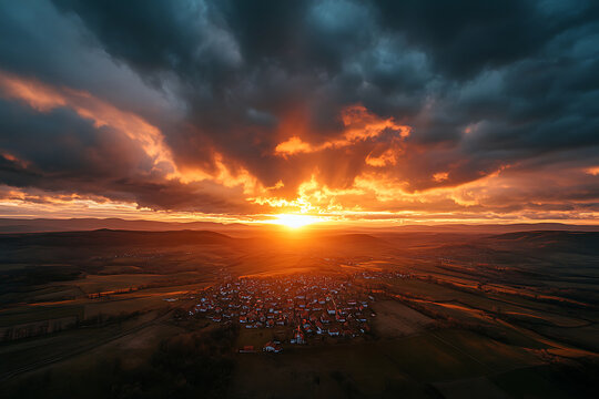 Dramatic sunset over rolling hills and a small town.