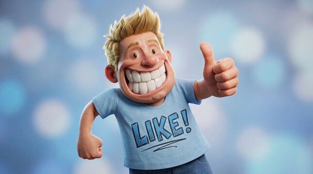 Animated Character Giving Thumbs Up: A cheerful animated character with blonde hair, wide grin, and wearing a t-shirt that says LIKE! gives a thumbs up gesture against a bokeh background.
