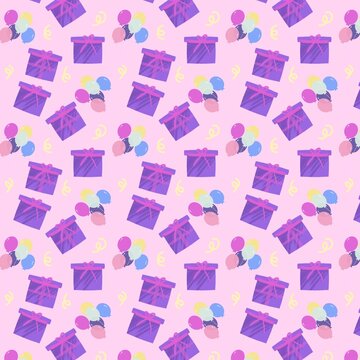 Seamless Birthday Pattern with Gifts and Balloons