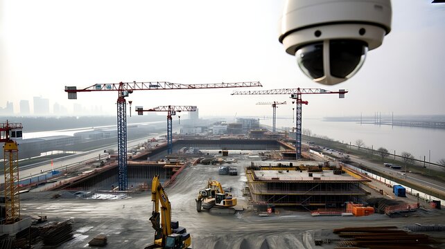 Wide angle view of a vast urban construction site monitored by a security camera overlooking the riverfront area