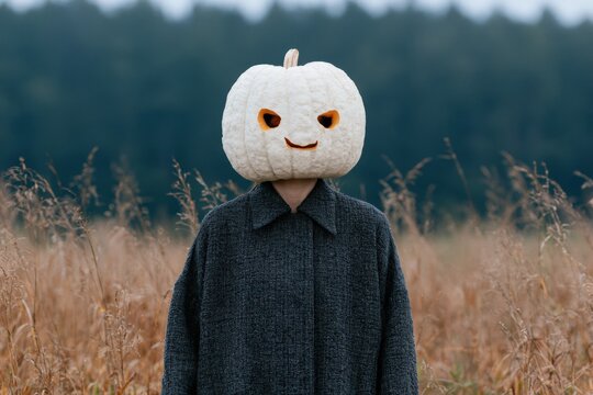 Person wearing smiling carved white pumpkin head in dry grass for halloween poster and banner design