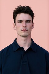 Fototapeta premium Vertical young male portrait with pink background for poster and profile banner design