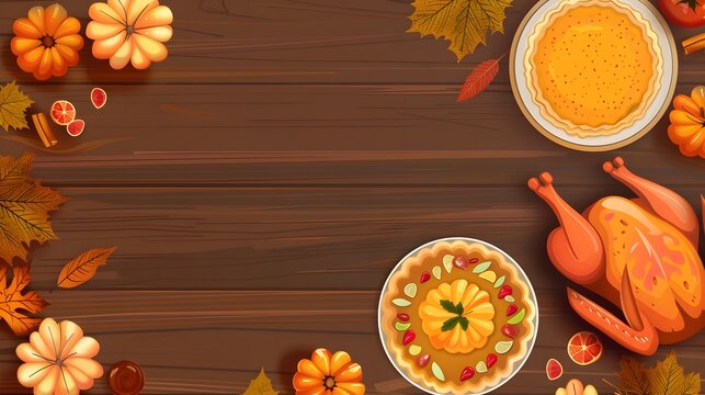 Background illustration with copy space, featuring a Thanksgiving turkey and pumpkin pie.