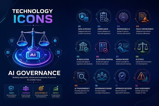 This modern infographic highlights key elements of AI Governance. On the left, a glowing balance scale with an AI chip represents fairness and responsibility. The right side displays 12 colorful .