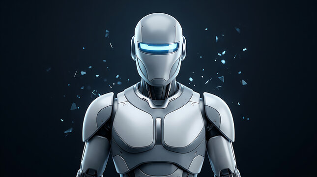 Futuristic robot with glowing blue visor standing in dark digital space