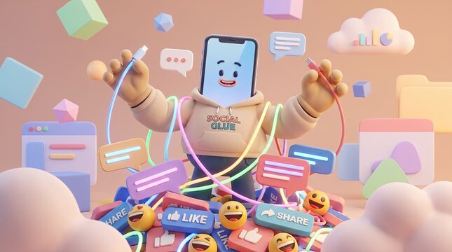 Social Media Addiction: A cartoonish smartphone character, depicted with a smiling face and wearing a hoodie, is entangled in a colorful web of social media icons and notification bubbles.